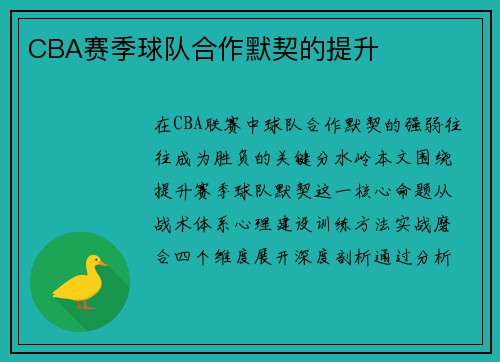 CBA赛季球队合作默契的提升