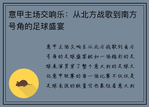意甲主场交响乐：从北方战歌到南方号角的足球盛宴