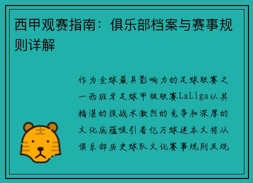 西甲观赛指南：俱乐部档案与赛事规则详解